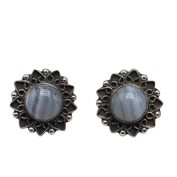 Vintage Sterling Silver CII Mexico Blue Lace Agate Sun Burst Earrings - Picture 1 of 6